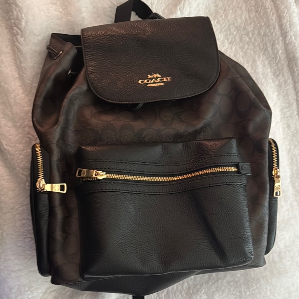 Coach Black and Brown Backpack with Gold Zippers